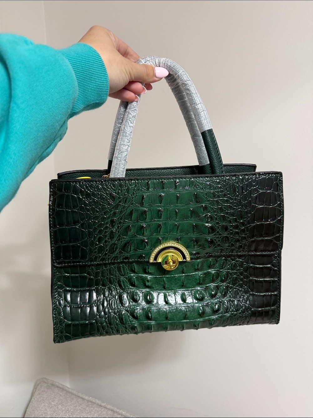 NWT Classic Green Croc-Embossed Top-Handle Bag